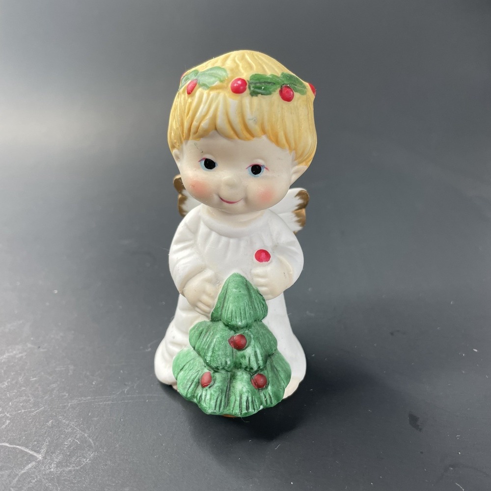 Vintage Bisque Porcelain Christmas‎ Angel Holding Tree Blonde Hair Crown